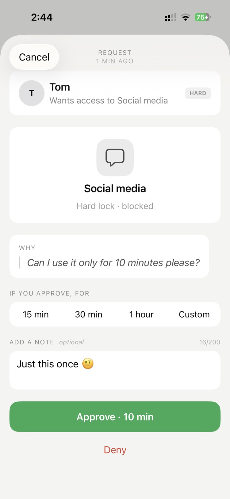 Disconnect buddy approval request for unlocking a hard-locked app